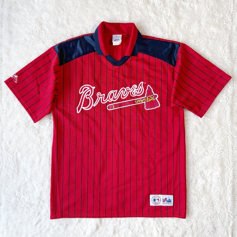 VTG 90s 80s Majestic Men Atlanta Braves Red Pinstripes Baseball Jersey LARGE